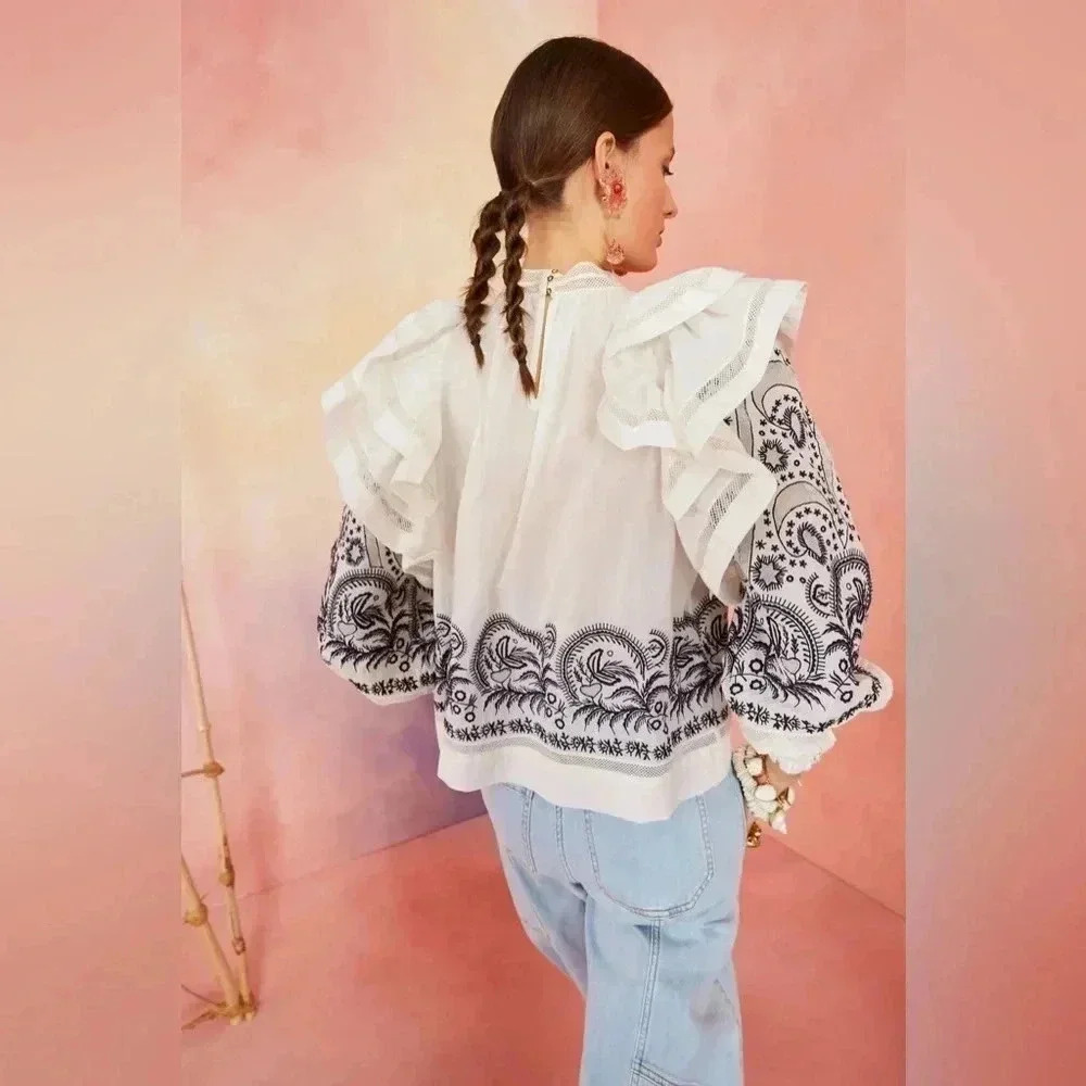 Ulla Johnson Annetta Cotton Ruffle Blouse Long Sleeve Embroidered Boho Peasant 2 - Picture 4 of 13